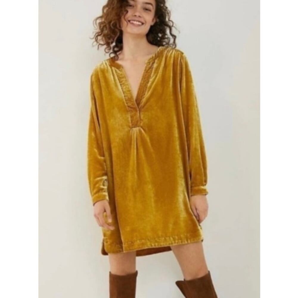 ANTHROPOLOGIE MELODY VELVET TUNIC DRESS Mustard/Gold Size XS